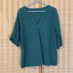 Eddie Bauer Womens L Top Green Gauzy Roll Tab Sleeve Cottagecore Boho Hippie
